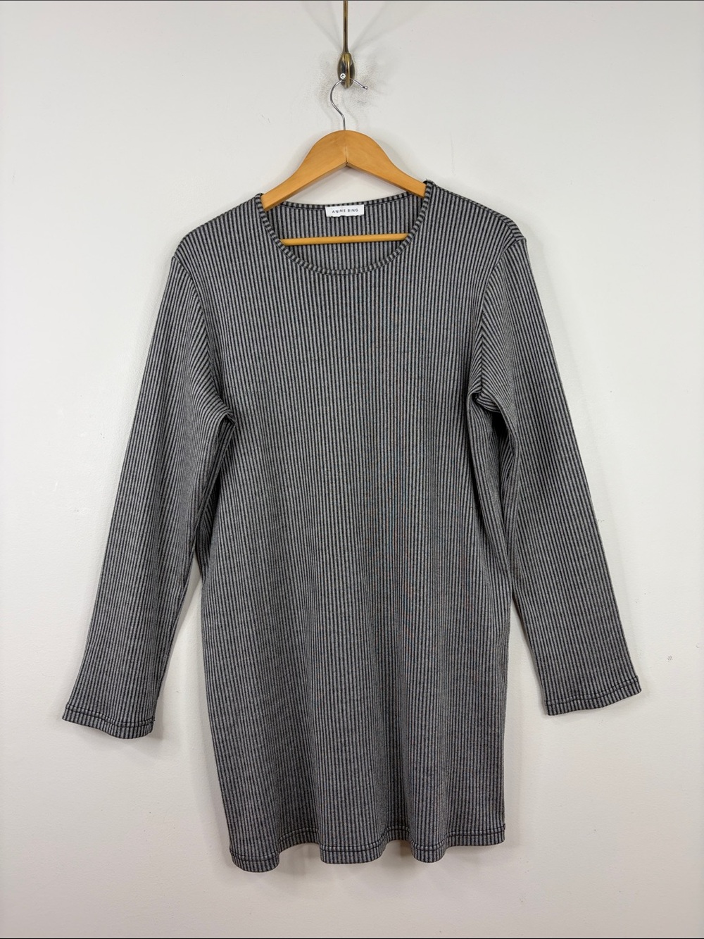 Anine Bing Mini Dress Womens Large Gray Black Stripe Long Sleeve Knit Stretch